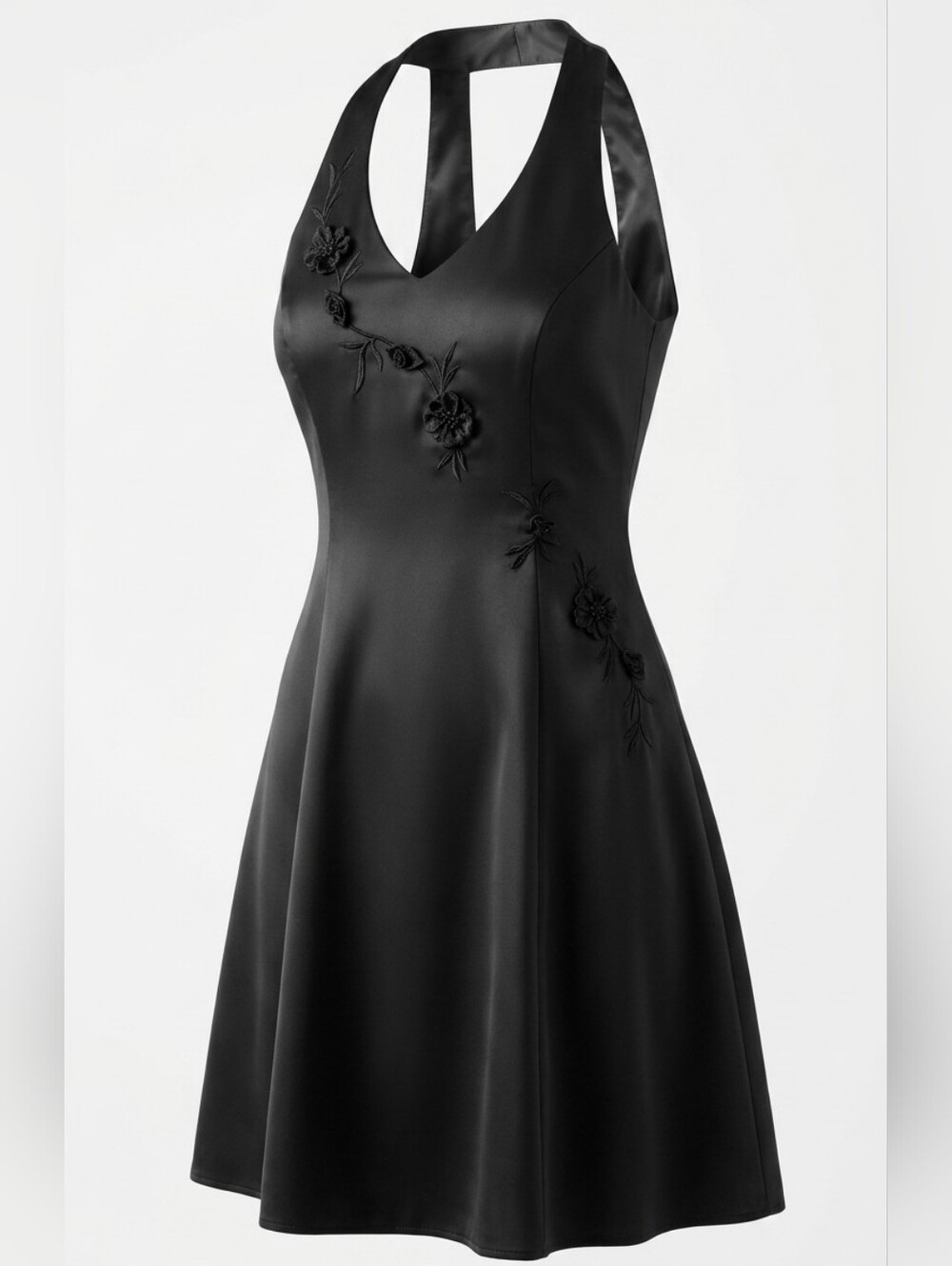 Vintage Karin stevens Black Halter Cocktail Mini Dress with Floral Appliqué 16